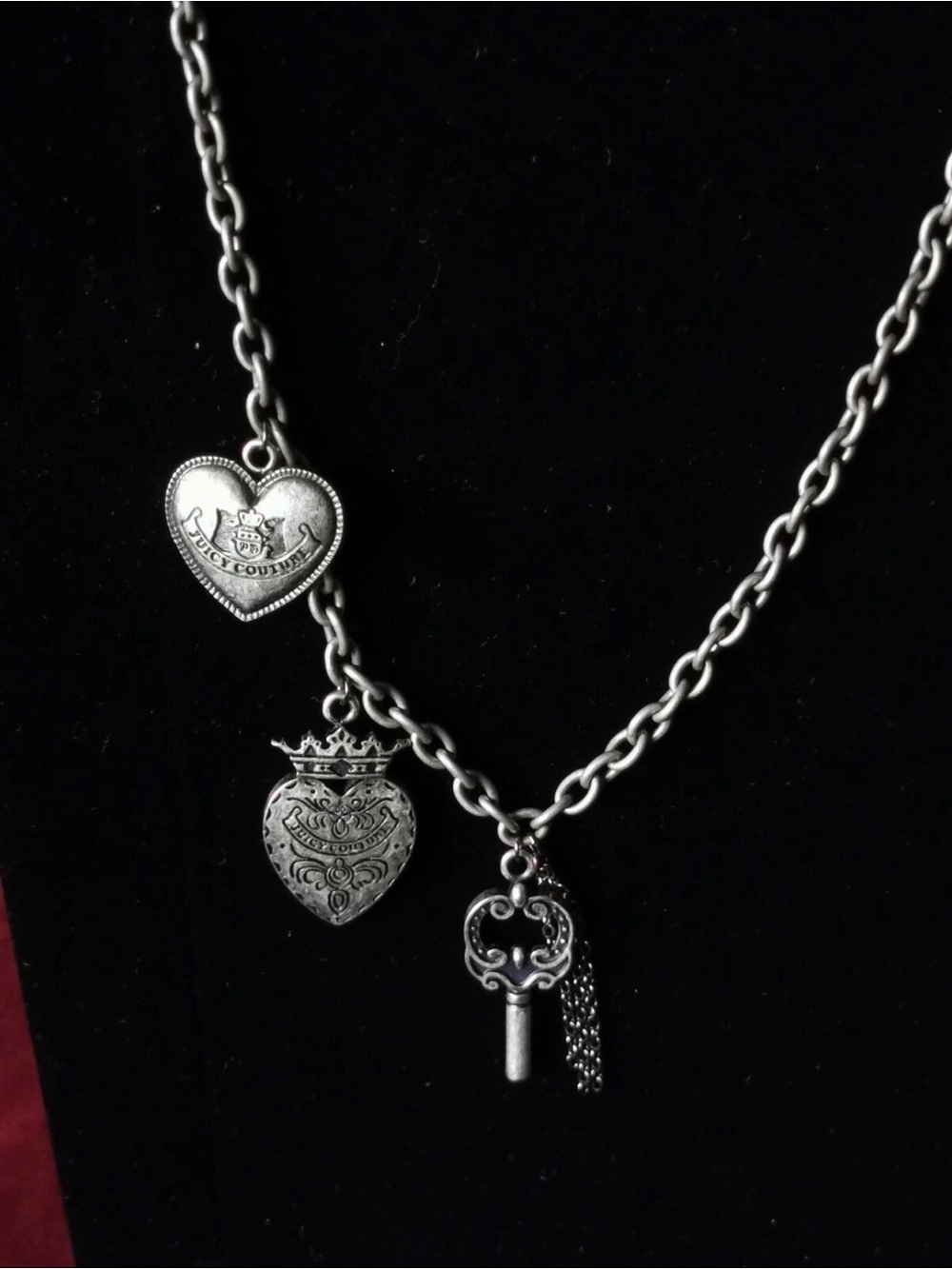 Juicy Couture 20" Pewter Charm Necklace 2 Hearts & Key